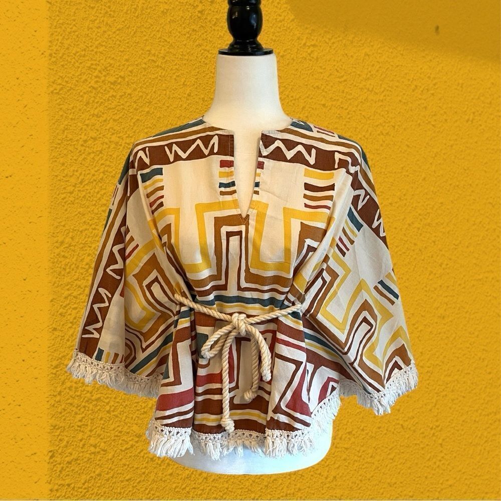 70s vintage true hippie cotton poncho with rope and fringe